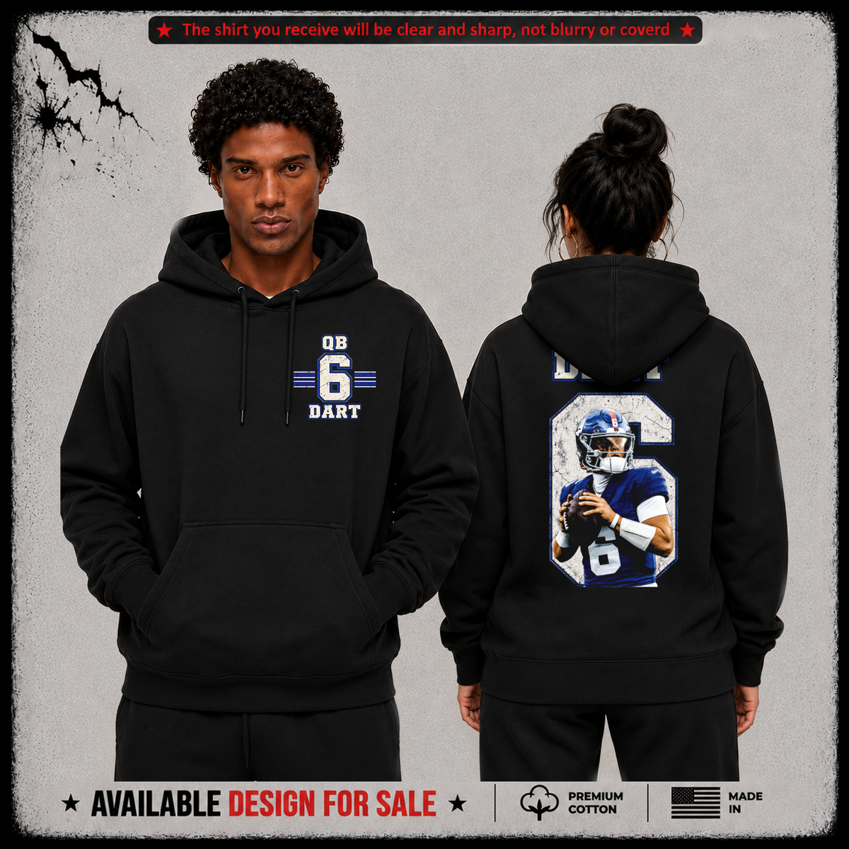 Jaxson Dart QB-6 Premium 100% Cotton Hoodie From New York Giants