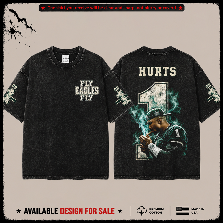 Jalen Hurts 1 Philadelphia Eagles Premium Acid Washed T-Shirt (Made In US)