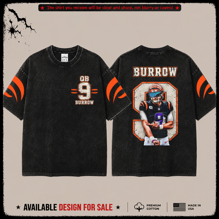 Joe Burrow 9 'Who Dey' Premium Acid Washed T-Shirt (Made In US) From Cincinnati Bengels