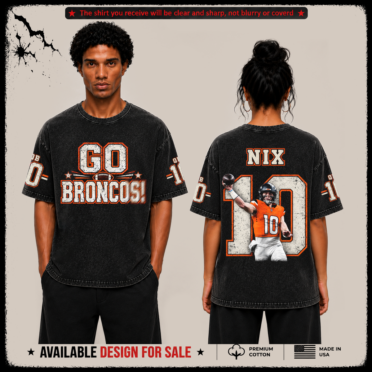 Bo Nix 10 'Go Broncos' Premium Acid Washed T-Shirt (Made In US) From Denver Broncos