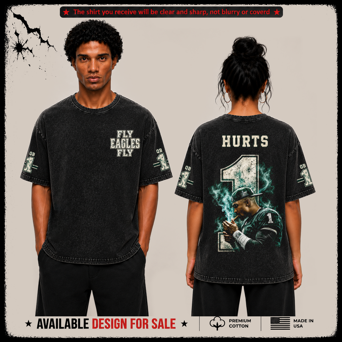 Jalen Hurts 1 Philadelphia Eagles Premium Acid Washed T-Shirt (Made In US)
