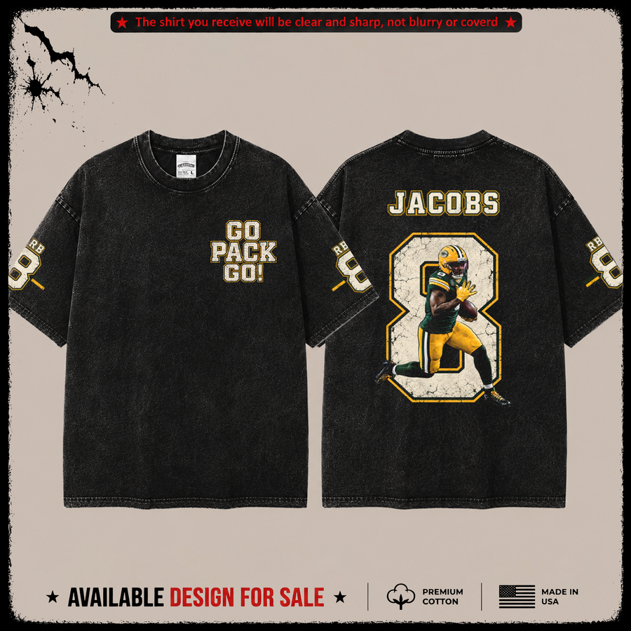 Josh Jacobs 8 'Go Pack Go' Premium Acid Washed T-Shirt (Made In US) From Green Bay Packers