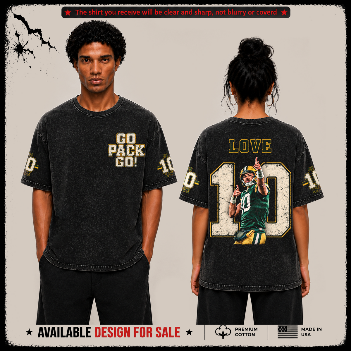 Jordan Love 10 'Go Pack Go' Premium Acid Washed T-Shirt (Made In US) From Green Bay Packers