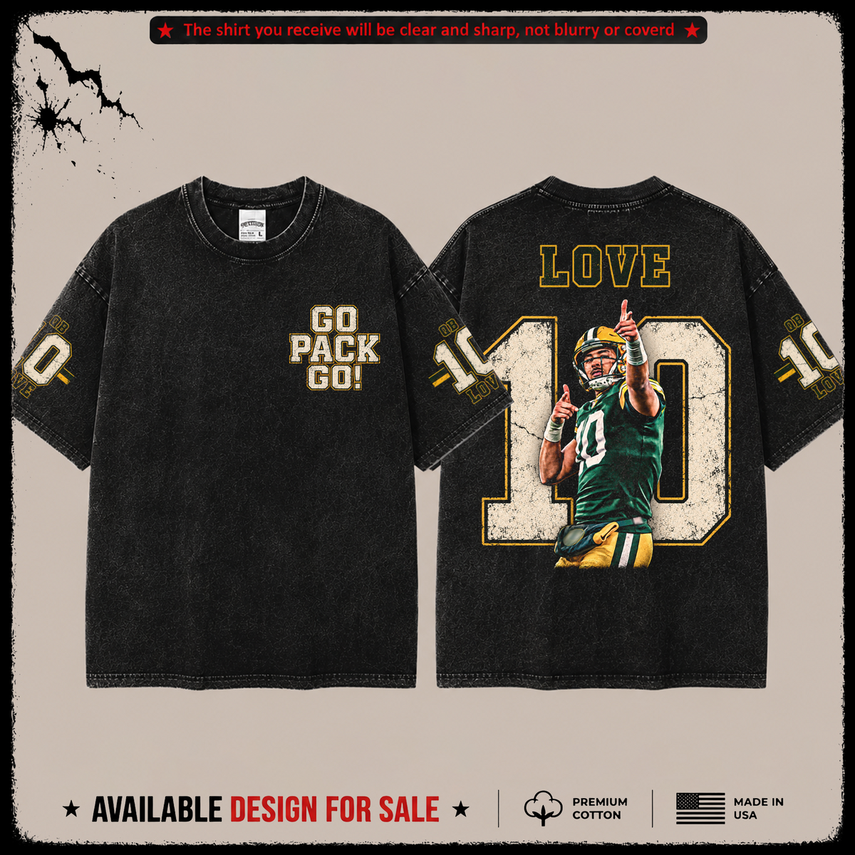 Jordan Love 10 'Go Pack Go' Premium Acid Washed T-Shirt (Made In US) From Green Bay Packers