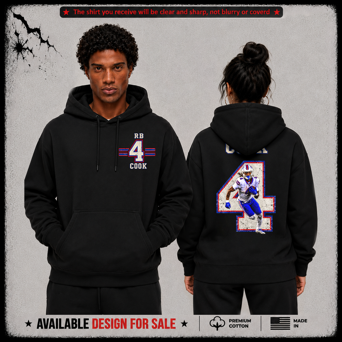 James Cook III RB-4 Premium 100% Cotton Hoodie From Buffalo Bills