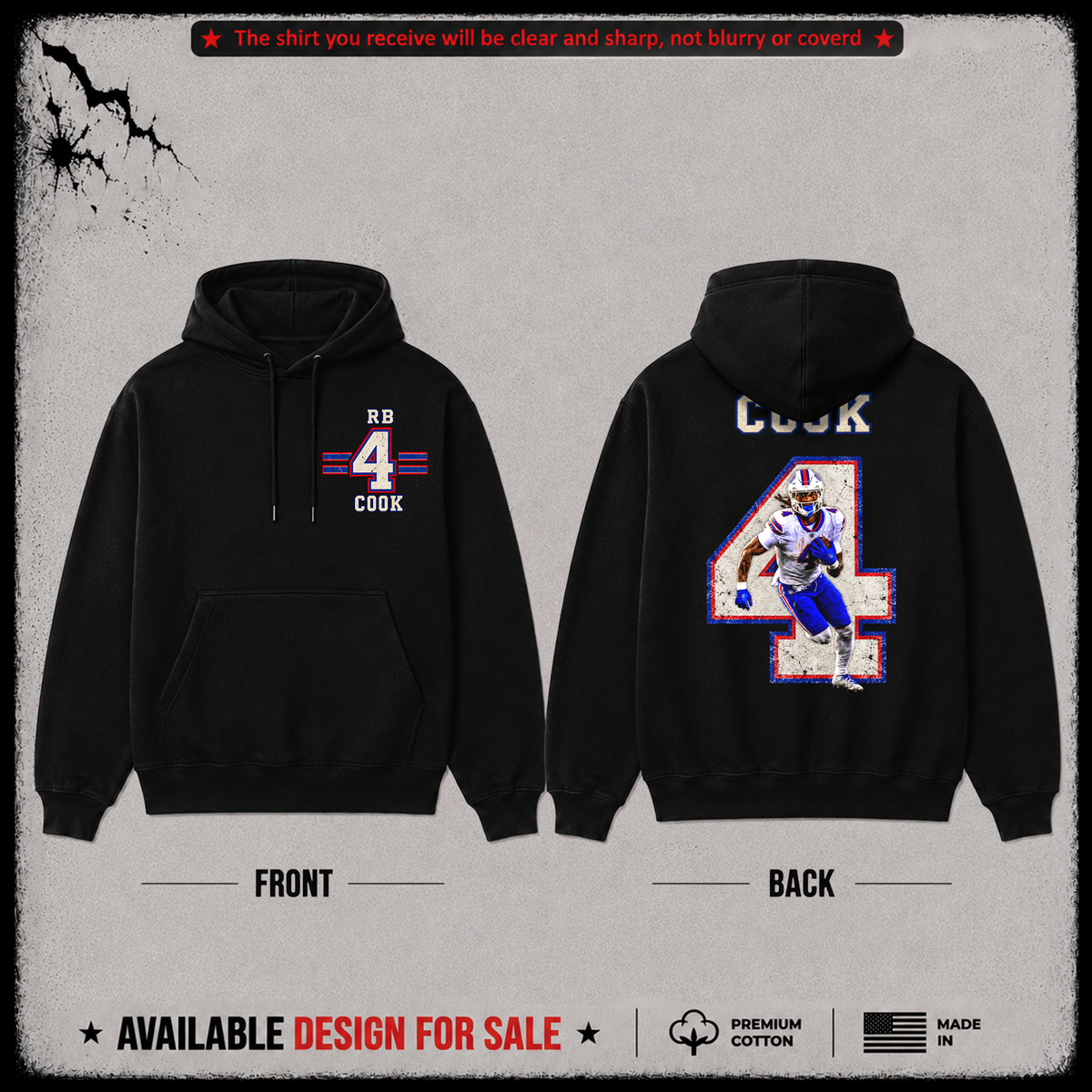 James Cook III RB-4 Premium 100% Cotton Hoodie From Buffalo Bills