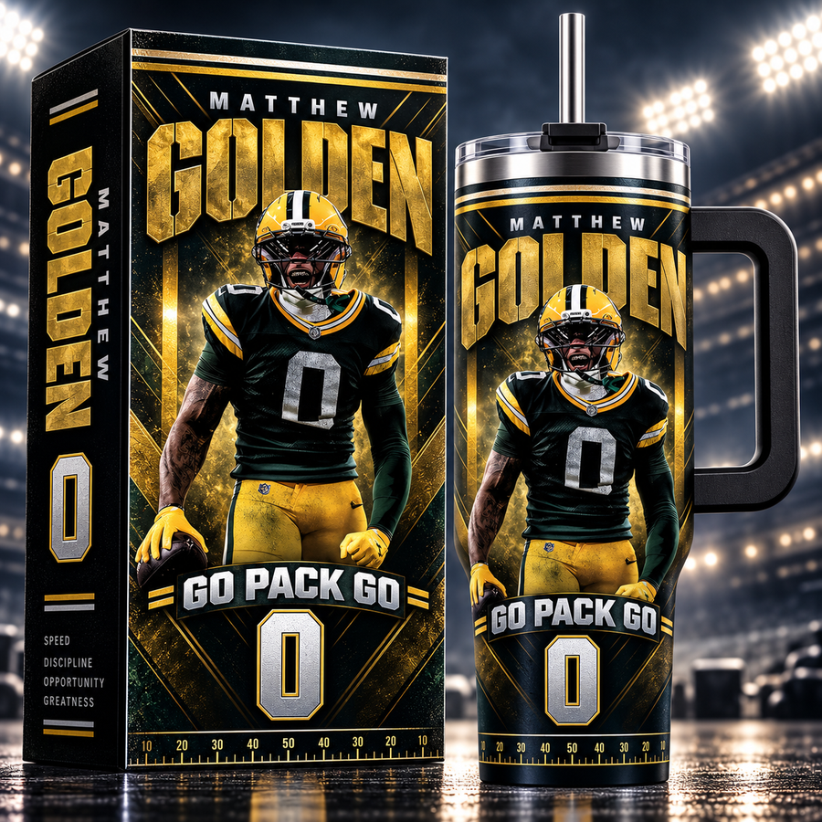 Matthew Golden 0 'GO PACK GO' Premium 40oz Insulated Tumbler with Handle Green Bay Packers