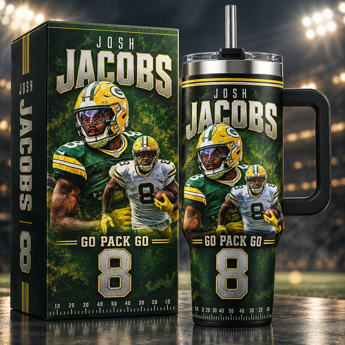 Josh Jacobs 'GO PACK GO' Premium 40oz Insulated Tumbler with Handle Green Bay Packers