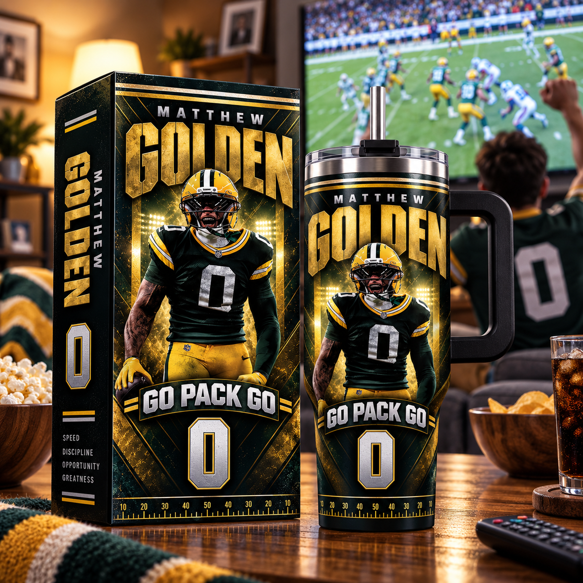 Matthew Golden 0 'GO PACK GO' Premium 40oz Insulated Tumbler with Handle Green Bay Packers