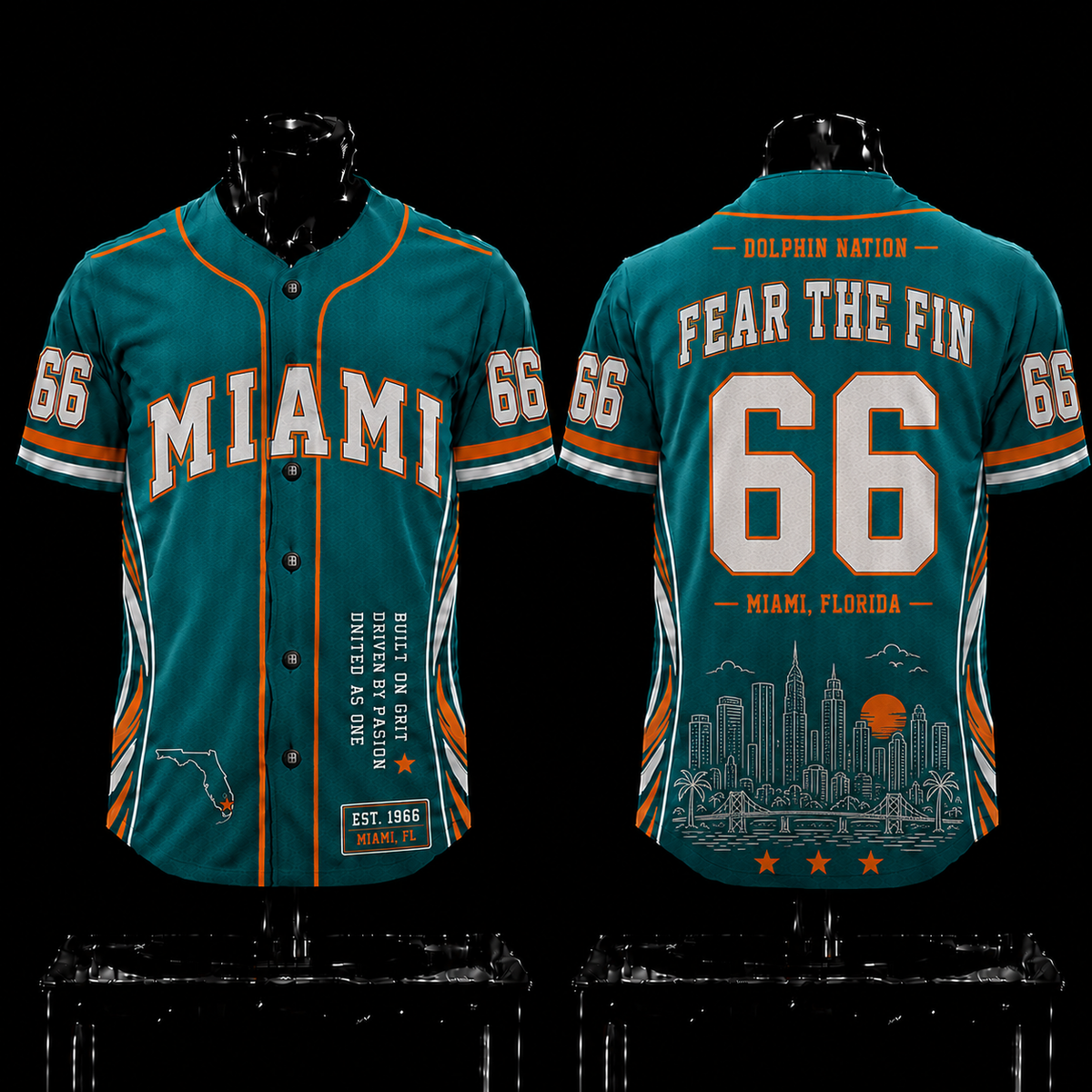 Miami Dolphins 'Fear The Fin' 1966 EST Premium Baseball Jersey 2026