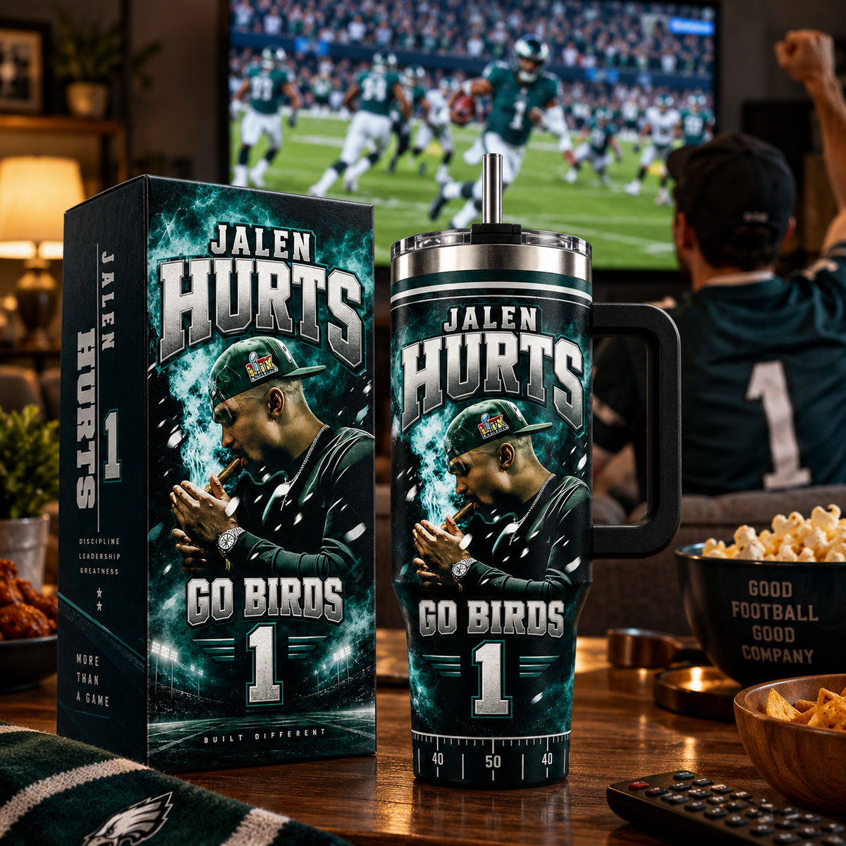 Jalen Hurts 1 'GO BIRDS' Premium 40oz Insulated Tumbler with Handle Philadelphia Eagles
